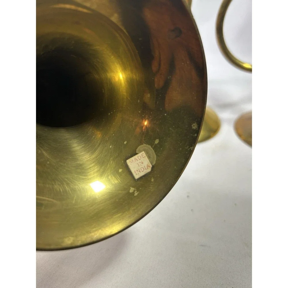 Vintage Brass CandleStick Holder French Horn Bugle Christmas Decor Set of 3 MCM